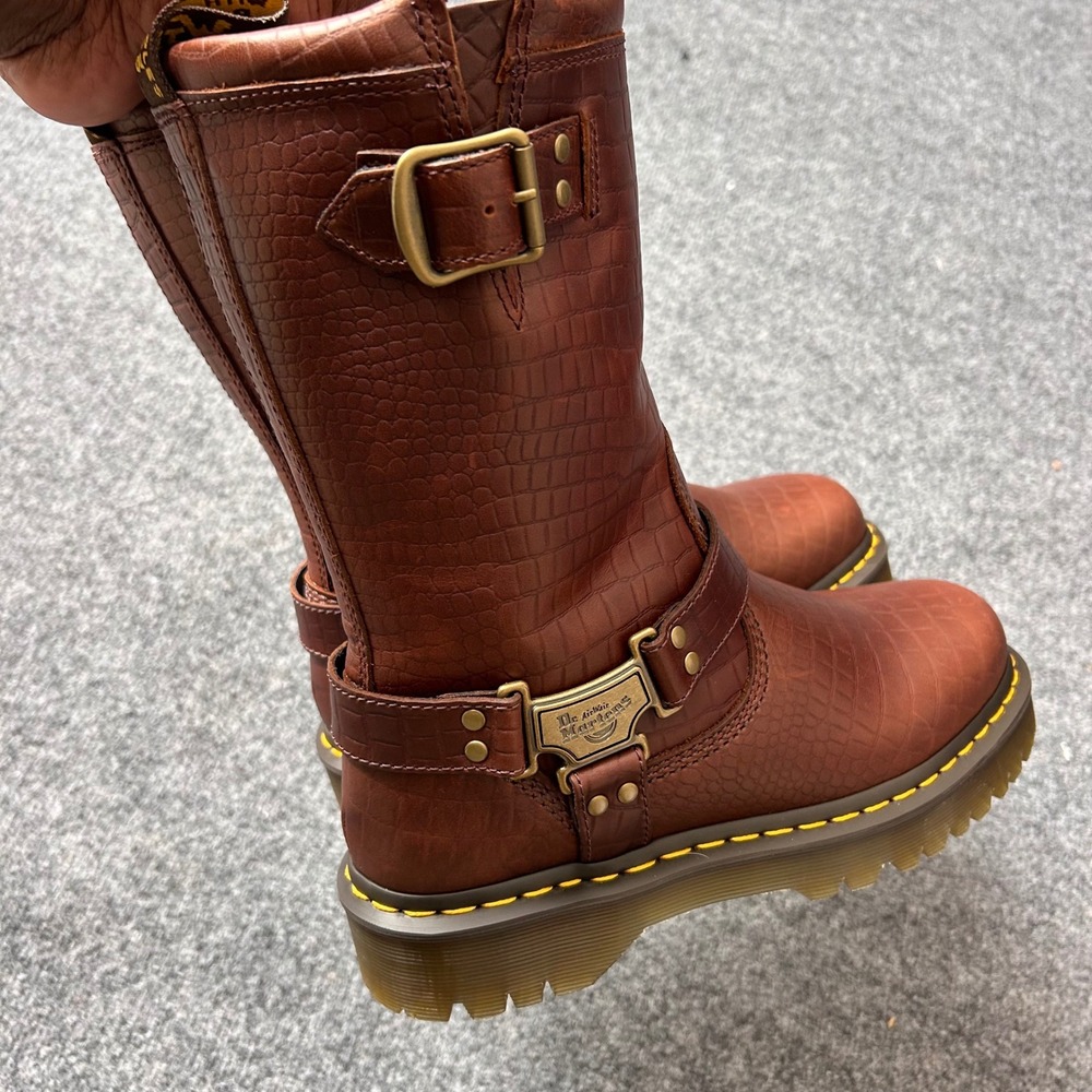 Dr Martens Anistone Hi Brown Croc Embossed Leather Harness Biker Boots Womens 9 - Picture 7 of 8